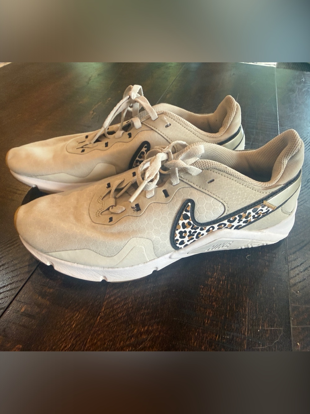 Nike Beige Sneakers with Leopard-Print Swoosh